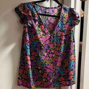 Colorful Floral V-Neck Blouse with Ruffle Sleeves